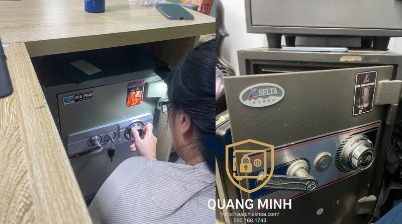 Người phụ nữ cúi xoay núm số két Hòa Phát đặt trong hộc bàn, bên phải két Selta có tay gạt và núm xoay số