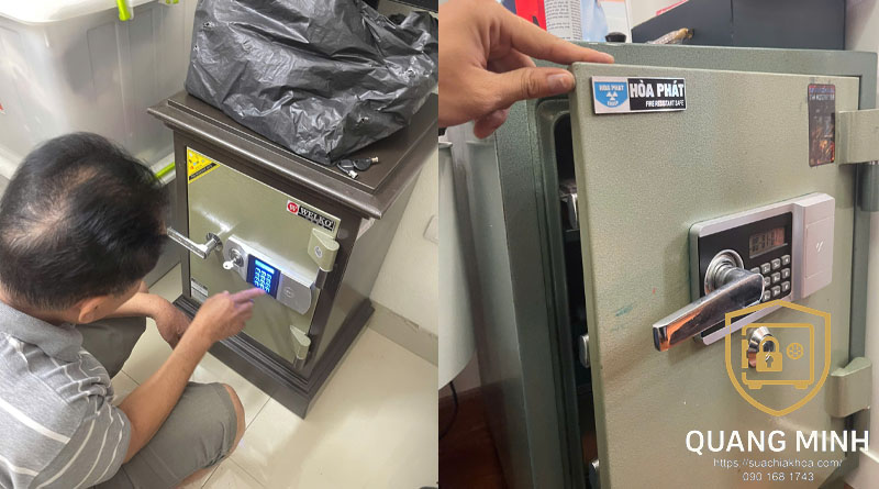 Bên trái người đàn ông ngồi xổm bấm bàn phím màn hình xanh trên két nhỏ đặt dưới tủ, bên phải tay mở cánh két Hòa Phát bàn phím điện tử