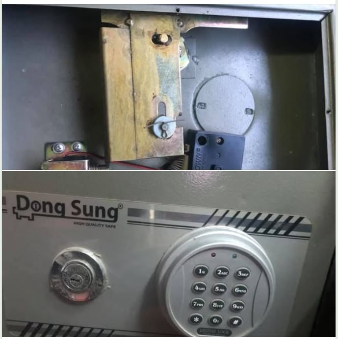 Ảnh ghép mặt két có ổ chìa và bàn phím tròn đặt cạnh nhau, kèm mặt trong cánh lộ hộp khóa đồng và chốt điện