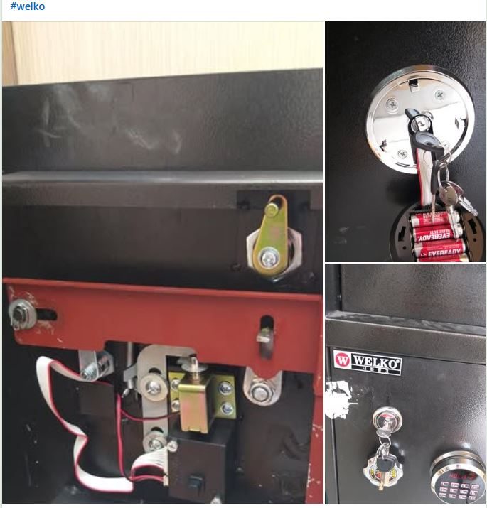 Ảnh ghép két Welko: mặt trong cánh lộ motor, dây cáp dẹt và tấm chốt đỏ, kèm ổ chìa, hộp pin và tem Welko trên cánh